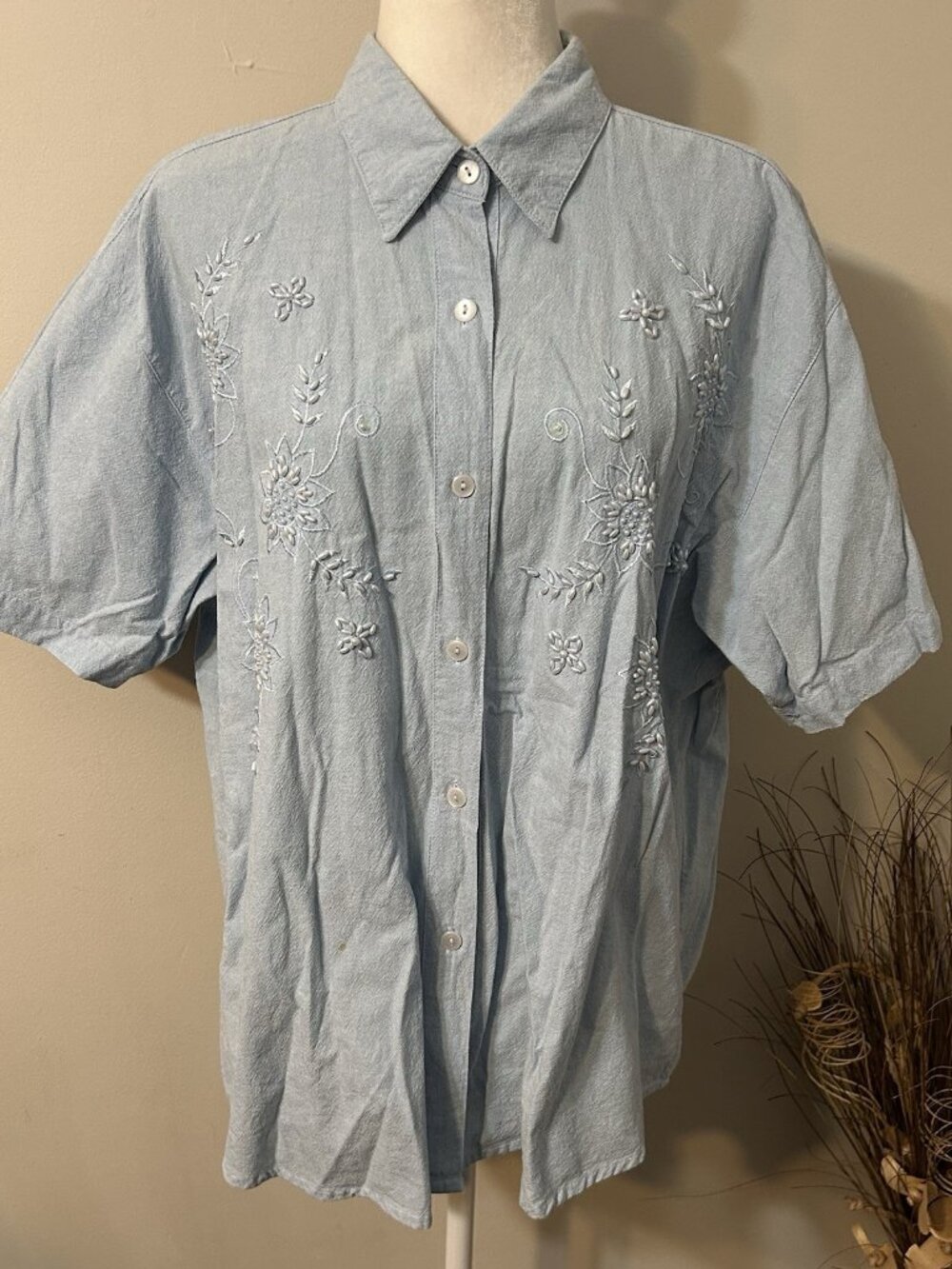 Premier International Women Blue Button-Up Shirt Embroidered Floral Beaded Sz 1X
